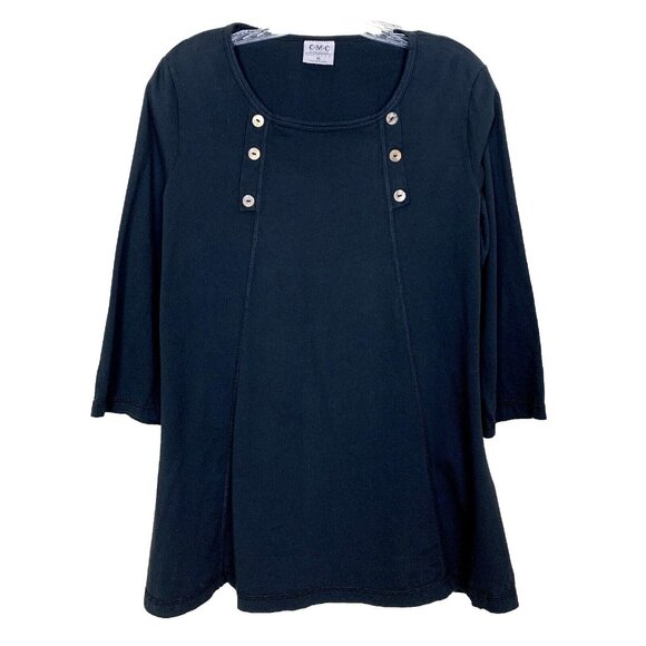 Color Me Cotton Tops - CMC Color Me Cotton Tunic Top Womens M Black Lagenlook Button Knit 3/4 Sleeve